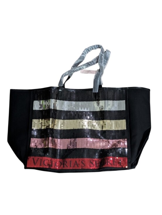 Victoria's Secret Handbags - Victoria's Secret Black and Sequin Stripe Tote 12.75"x15.75"